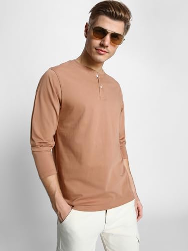 Image of Veirdo Pure Cotton Regular Fit Henley Neck Plain Solid Full Sleeve T-Shirt for Men & Boys (Color Options: Black, Red, Swanwhite, Navy Blue, White, Cork, Green, Maroon, Mustard, Royal Blue)