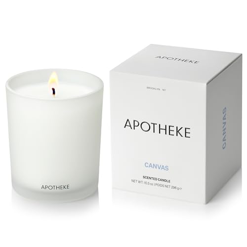 Apotheke Signature Scented Candles for Home, Canvas - 10.5 oz - Soy Wax, Non Toxic, Large Jar White - Luxury Candle Gifts for Women & Men - White Musk, Dew Drops, and Lily of The Valley