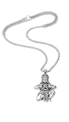 Image of Unisex Stainless Steel Silver Hanuman Ji Pendant Necklace - Lord Mahabali, Meditation Pose, Gada Design, Bajrang Bali, Veer Hanuman & Devotional Face Locket with 24 Inch Chain for Men & Women