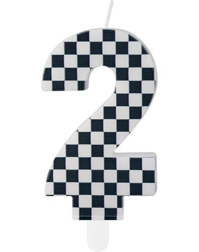 Racing Cars Birthday Candles with Black & White Stripes, Cars Themed Party Decorations, Number 2 Candles Cake Topper for Girls & Boys 2nd Birthday Party Supplies