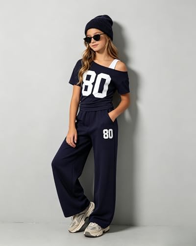Image of Teen Girls Clothes Off the Shoulder Top and Wide Leg Pants Matching Outfit Set with Pockets Size 7-16