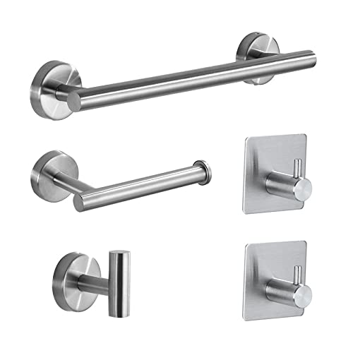 IberAr Accesorios baño -herrajes de Acero Inoxidable de 5 Piezas, Toallero de baño + Soporte Papel higenico + Gancho Toalla+ 2 Ganchos adicionales (Silver)