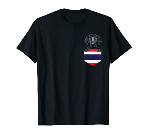 Thailand Flag Flat-Coated Retriever Dog In Pocket T-Shirt, Black