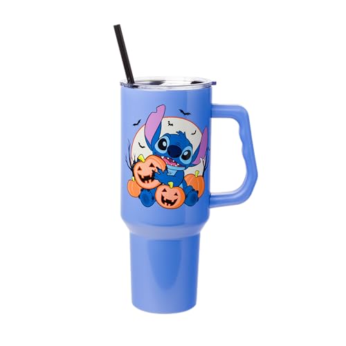 Silver Buffalo Disney Lilo and Stitch Halloween Spooky Pumpkin Jack-O-Lantern Stainless Steel Tumbler with Handle and Straw, Fits in Standard Cup Holder, 40 Ounces