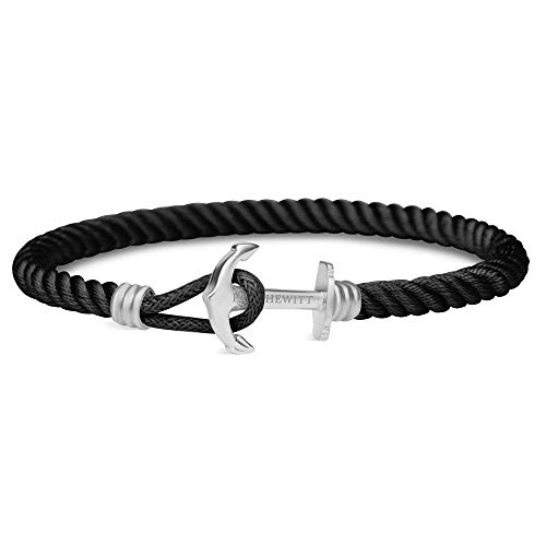 PAUL HEWITT pulsera para hombre o mujer PHREP Lite - Pulsera de nylon negra con ancla, brazalete de hombre o mujer con cuerda de vela y ancla, accesorio de acero inoxidable bañado en plata