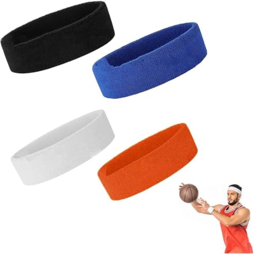 GNALIA Cinta Para Pelo Hombre, 4 Unidades, Cinta Deportiva Absorbente Algodón Rizado, Unisex, Negro Blanco Azul Naranja, Talla Única