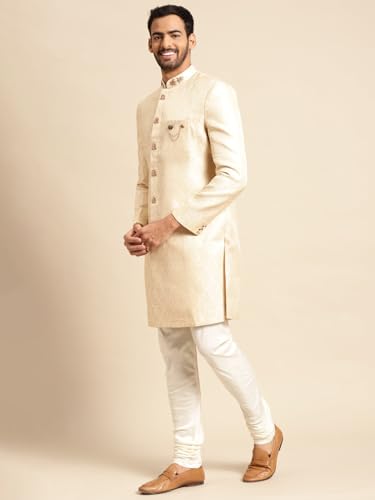 Image of Kisah Men's Silk Blend Textured Sherwani Set Regular Fit | Wedding, Festive & Occasion Wear