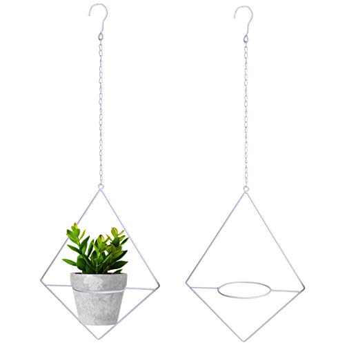 Vencer 2Pack Metal Flower Pot Holder Plant Hanger Modern Rhombic Hanging Planter,White,VF-0132W
