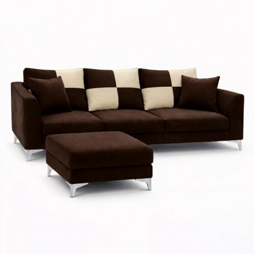 Image of Romeo Rich 4 Seater L Shape Sofa Set with Movable Ottomans | Flexible Layout | Velvet Suede Fabric | Golden Aesthetic Legs |Modern Sofa for Living Room (Dark Brown)