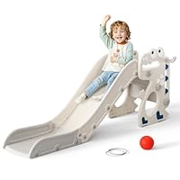 Krovtoy Kids Slide,Toddler Slide Freestanding with Basketball Hoop,Toddler Climber, with Corridor, Telescope,Baby Slide Playground Equipment, Garden Slide,Kids Slides Outdoor (Dinosaur- beige grey)