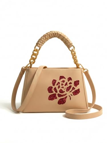 Image of LIKE STYLE Women's PU Sling Bag with Gold Glitter Floral Print | Dual Compartment Crossbody & Shoulder Bag with Braided Handle | Stylish Zip Closure Handbag for Office & Daily Use | Durable Material