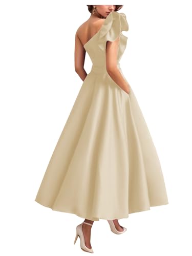 Women's One Shoulder Elegant Evening Dress with Pockets Satin Tea Length A Line Formal Wedding Guest Dress