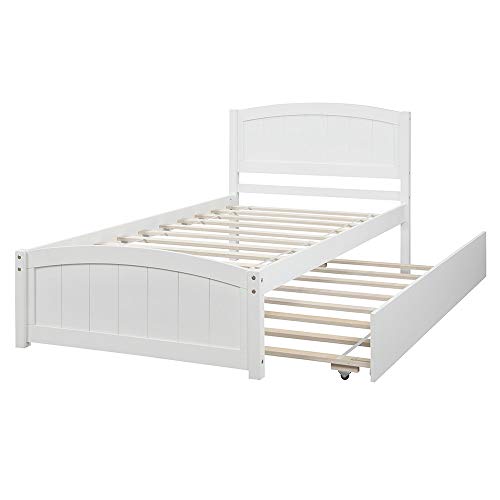 Twin Platform Bed with Trundle, Rockjame Minimalistic Stylish Wood Bed Frame, Easy to Install, Suitable for Kids, Teens and Adults (White)