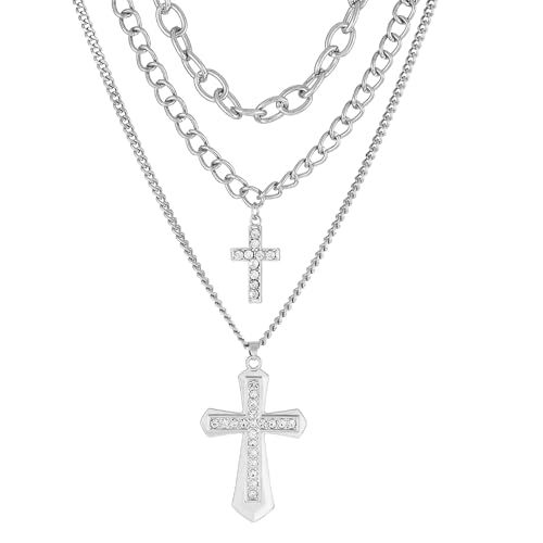 Collier multi couche chaîne et croix K1442 pour un look rock sans superposition complexe
