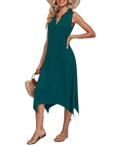 Image of AUSELILY Womens Summer Midi Dress V Neck Sleeveless Casual with Pockets | Flowy womens summer dress with asymmetrical hem, great for beach, vacation and daily wear