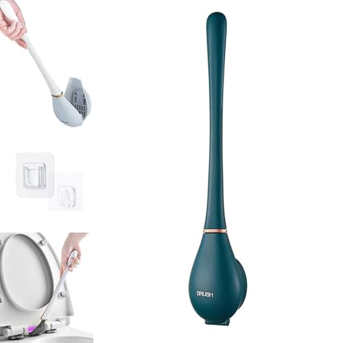 Image of Modern Silicone Toilet Brush，Flat Flexible Brush Holder Set， Wall Mounted with Holder，Household Punch-Free Wall Hanging Long Handle Silicone Toilet Brush (Blue)