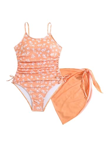 OYOANGLE Girl's Floral Ruched Side One Piece Swimsuit with Mesh Beach Skirt Cover Up Swimwear