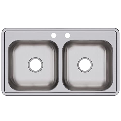 Image of Dayton Stainless Steel 33 inch x 19 inch x 6-7 /16 inch, 2-Hole Equal Double Bowl Drop-in Sink