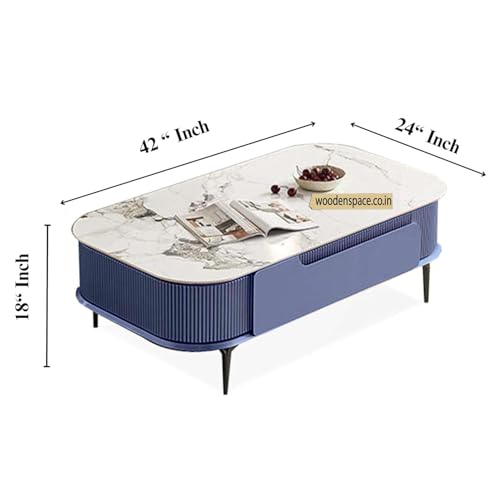 Image of WOODEN SPACE Premium Solo Marble-Top Wooden Center Table for Living Room | Iron Legs | PVD Coating | Modern Entryway Furniture | Coffee Table - 42X24X18 in (Blue)