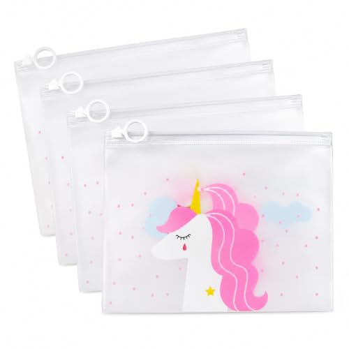 Image of Eclet Pack of 4 Unicorn Transparent Pencil Pouches | Aesthetic Clear Stationery Bags for Kids | Waterproof PVC Exam-Friendly Organizer with Pastel Designs