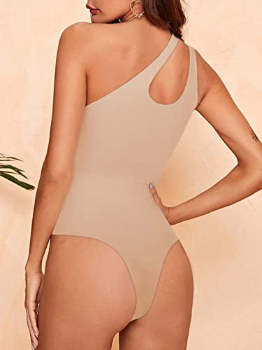 Image of REORIA Butsmooth Women's Trendy Sexy Plunge One Shoulder Sleeveless V Backless Going Out Tank Bodysuits Tops