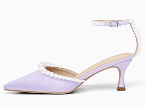 Image of Coutgo Womens Pearl Kitten Heels Closed Pointed Toe Wedding Bride Dress Shoes Ankle Strap Satin Pumps