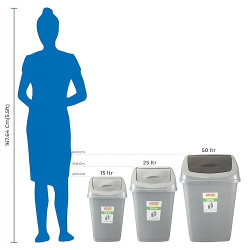 Tidy Bin with Swing Lid 15 Litres Plastic Dustbin, Trash Bin, Garbage Waste Bin For Home, Bathroom, Kitchen, Office, Bedroom Grey Color