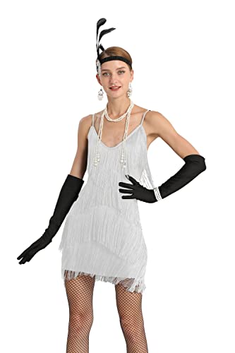 Image of Women 1920s Gatsby Flapper Dress Sexy Open Back Strap Fringed Cocktail Party Dress with 20s Accessories