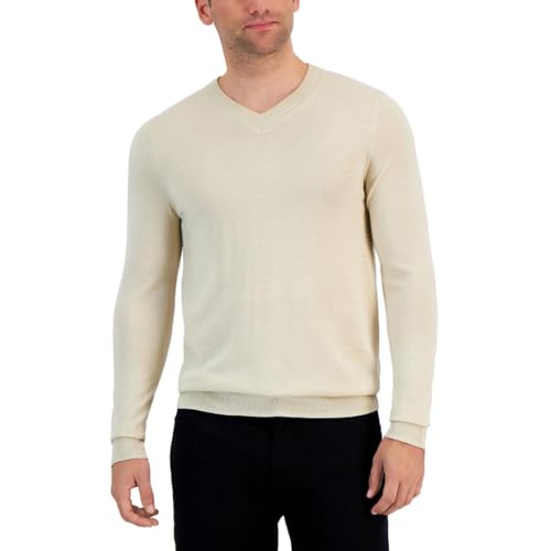 Alfani Mens Ribbed Trim Extra Fine Merino Wool V-Neck Sweater Beige S