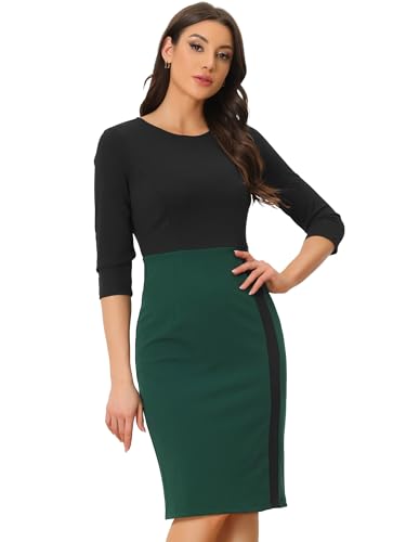 Allegra K Work Pencil Dress for Women's 3/4 Sleeves Contrast Color Knee Length Sheath Dresses