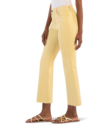 KUT from the Kloth Kelsey High-Rise Fab Ab Ankle Flare with Raw Hem in Lemon - Jeans for Women - Cotton Fabric2