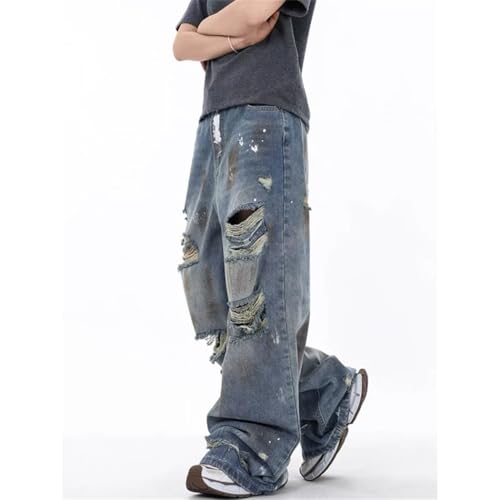 Men's High-Waisted Blue Jeans, Y2K Streetwear Style, Wide Leg, Ripped Denim Pants for Fall4