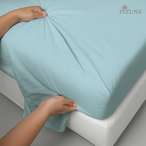Image of Pizuna 100% Cotton Bedsheet Super King Size Baby Blue, 400 Thread Count Long Staple Combed Cotton Flat Bedsheets 108x108 Inches with 4 Pillow Covers, Bed Sheet for Super King Size Bed