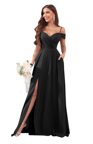 Image of Sukleet Women's Off Shoulder Bridesmaid Dresses Long Slit Chiffon Pleated Evening Formal Dress with Pockets