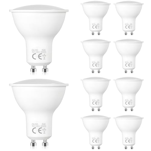 Liuyife Paquete De 10 Focos LED GU10 De 5W, Blanco Frío 6500K, Equivalente a Una Lámpara Halógena De 50W, ángulo De Haz De 120 Grados, Bajo Consumo, Aptos Para Lámparas De Techo, Empotradas, Cocinas