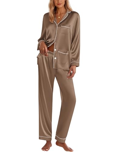 Image of Ekouaer Pajamas for Women Silk Satin Button Down Long Sleeve Pajama Sets