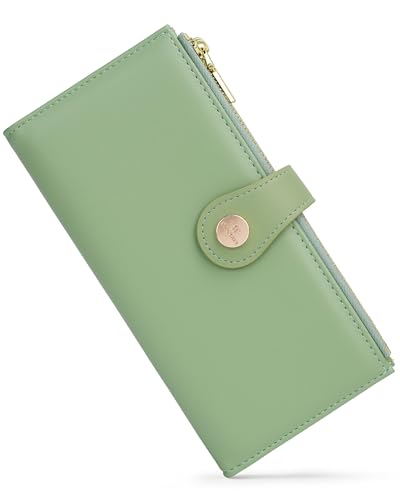 Image of Green Women's Slim Wallet,Thin RFID Card Holder with Zipper Pocket | 12 Slot Wallet Organizer, Large Capacity, Vegan Leather, Coin Purse, Cash Compartment, Travel Wallet, Women Gift