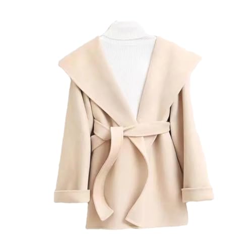 Fnfmrfmr Women Hooded Belt Woolen Coat Long Sleeve Casual Pockets Double Sided Mid-Length Outwear