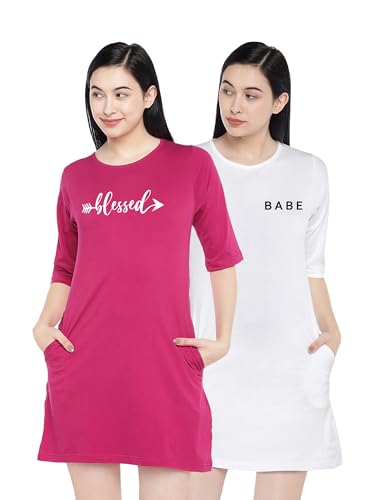 Image of STATUS MANTRA Long T-Shirt Dress for Women - Cotton Knee Length T Shirt Top | 3 /4th Sleeves, Soft Bio-Washed Fabric | Stylish Regular Fit Crew Neck