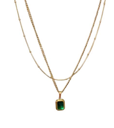 Gold-Toned Layered Necklace with Green Rectangle Pendant-image-38