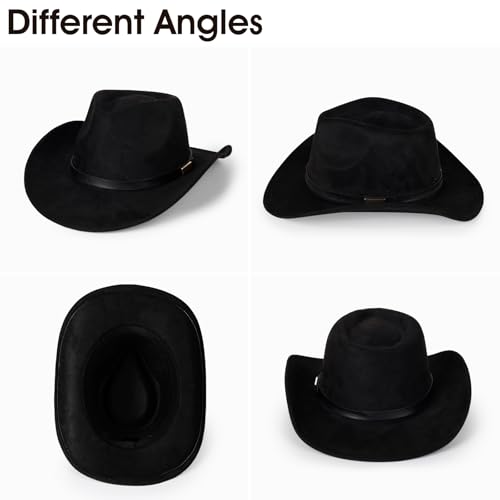 Image of 2 Pack Western Cowboy Hats for Women Men 2 Different hat Bands | Classic Felt Wide Brim Costume Cow Boy Hat Curved Brim Cowgirl Hat