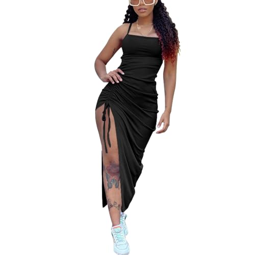 Nimsruc Womens Sexy Summer Dresses Spaghetti Strap Thigh-high Slit Ruched Bodycon Maxi Club Cocktail Party Dress Black XL