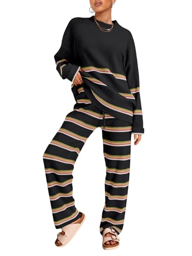 Image of LILLUSORY 2 Piece Sets for Women 2025 Fall Outfits Two Piece Lounge Sets Sweatsuits Striped Knit Sweater Clothes Fashion