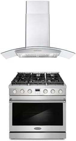 Cosmo 2-Pc Kitchen Appliance Packages, 36" Gas Range w Convection Oven and 36" Wall Mount Range Hood