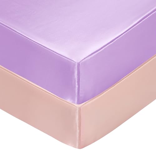 Image of SiinvdaBZX 2 Pcs Satin Mini Crib Sheets 38 x 24In, Pink & Lavender | Silk-Like Soft Mini Portable Crib Sheets Mattress Cover Portable Playard Sheets with 5In Deep Pocket, Great for Baby Hair