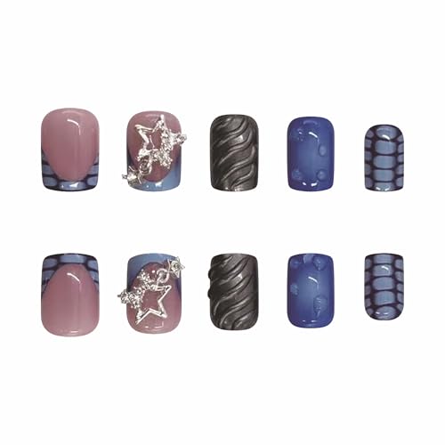 BABALAL Press on Nails Short Square Fake Nails Blue French Glue on Nails 3d Texture Design Goth Acrylic Nails with Star Charm Y2k Goth False Nails 24Pcs Squoval Manicure Gel Nails