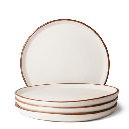 Image of Ceramic Dinner Plates, 4 Pcs | Rim Plate for Easy Eating | Microwave, Oven, Dishwasher Safe | Set of 4 Ceramic Plates for Dinner | Handmade | (Vanilla Biscuit, Set of 4 Dinner Plates)