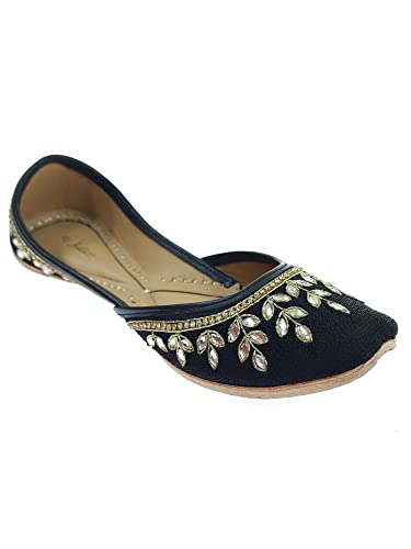 Image of Fulkari Women's Dolli Gold Genuine Soft Leather Embroidered Jutis | Bite and Pinch Free Jutti | Punjabi Formal Juttis | Girl's Wedding Flat Ladies Mojari | Formal Ethnic Juti |