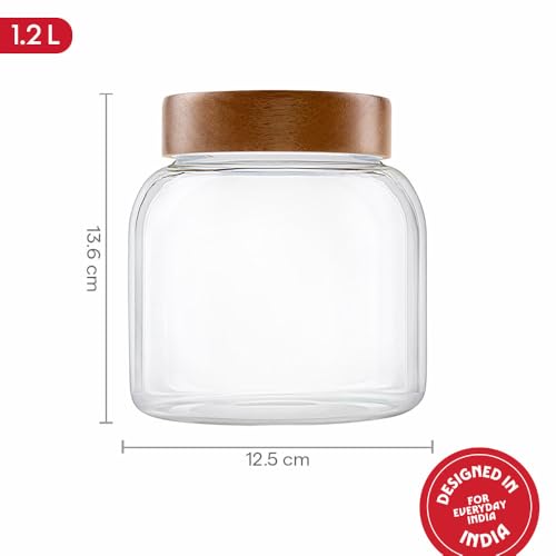 Image of Borosil Glass Jar with Acacia Wood Lid | Borosilicate Glass Storage Jar for Dry Fruits, Spices & Snacks | Airtight Glass Container for Kitchen & Pantry (Roundwood, 1200 ml)