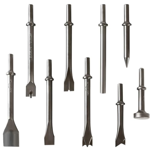 DUPDMKIN 9 Pcs Air Hammer Chisel Bits, Pneumatic Air Hammer Bits, Air Chisel Bits with 0.401\" Shank, Air Hammer Attachments for Masonry, Tile, Concrete and Rust Removal